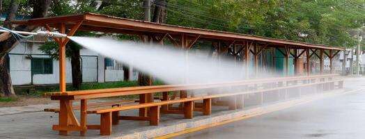 A water sprayer is spraying water on a bench photo