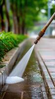 A person is cleaning a sidewalk with a hose photo