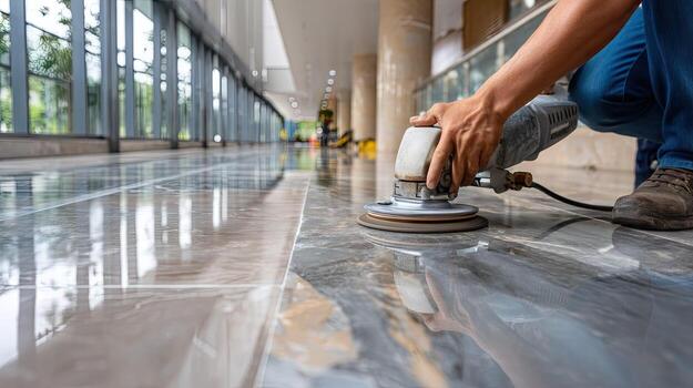 A person is polishing a marble floor with a polisher photo