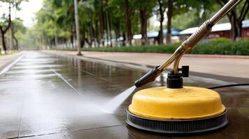 A man using a pressure washer to clean a sidewalk photo