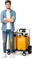 A man standing next to a cart with two yellow containers photo