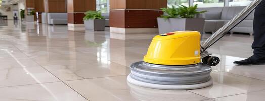 A man is cleaning a floor with a yellow machine photo
