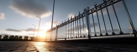 A fence with a sunset in the background photo