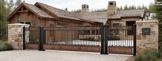 A large stone house with a wrought iron gate photo