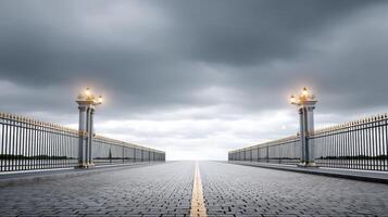 An empty bridge with two street lamps on it photo