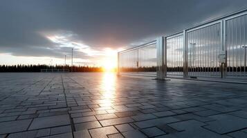 A metal gate is open in front of a building photo