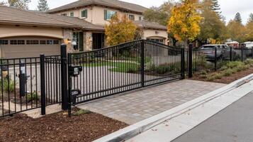 A black wrought iron gate in front of a house photo