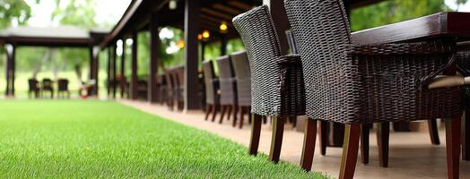 A row of chairs and tables in a restaurant photo