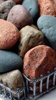 A basket filled with rocks and other stones photo