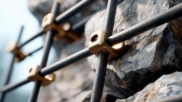 A close up of a metal fence with a rock wall photo