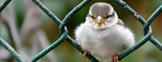 A baby bird sitting on a chain link fence photo