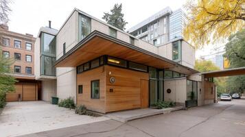 A modern home with wooden siding and glass windows photo