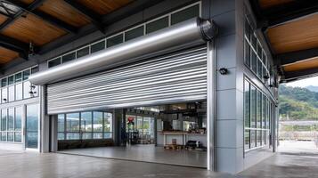 A large metal roller door in a building photo
