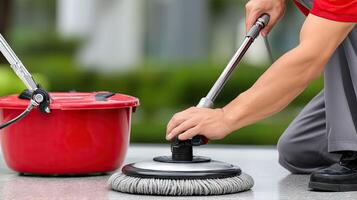 A man cleaning a bucket with a mop photo