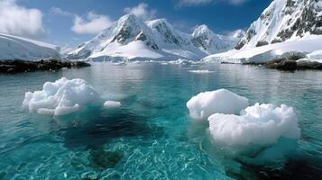 Icebergs in the water near mountains photo