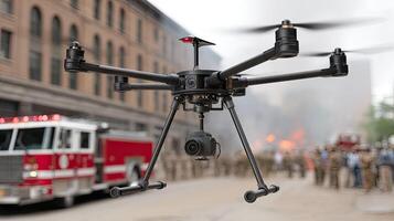 A fire truck is in the background with a drone flying over it photo