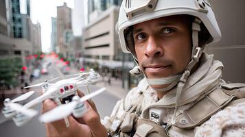 A man in a military uniform holding a small drone photo
