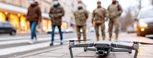 A man is standing next to a drone on the street photo