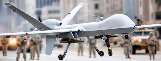 A military drone flying in the air photo