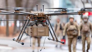 A military drone is flying in the air photo