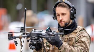 A soldier is holding a remote control drone photo