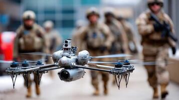 A soldier is walking with a drone in the background photo
