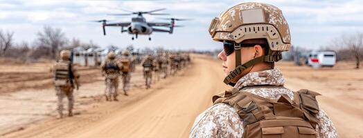 A soldier is looking at a helicopter in the distance photo