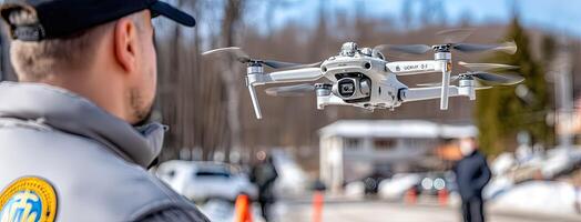 A man is looking at a drone flying over a street photo