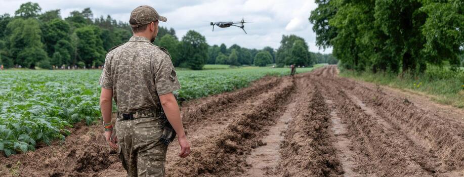 A soldier is standing in the middle of a field with a drone photo