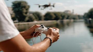 A man holding a remote control in front of a river photo