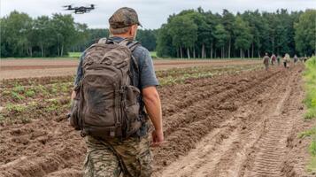 A man walking in a field with a backpack and a drone photo