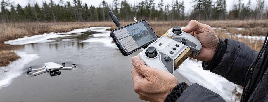 A person holding a remote control in their hand while flying a drone photo