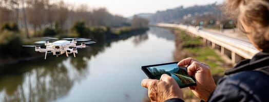 A person holding a tablet with a drone flying over a river photo