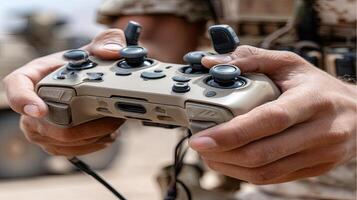 A soldier holding a game controller photo