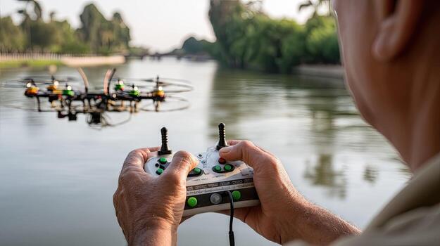 A man is flying a remote control drone over a river photo