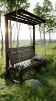 A bench in the middle of a field with trees photo