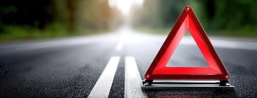 A red warning triangle on the side of a road photo