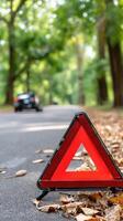 A red triangle on the ground with leaves in the background photo
