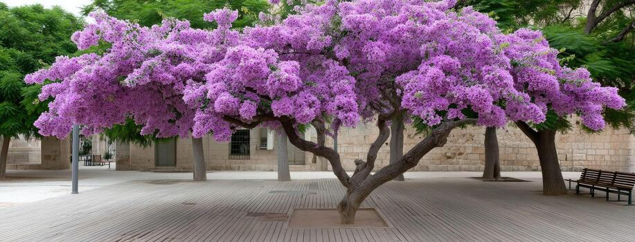 A purple tree is in the middle of a courtyard photo