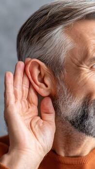 A man with a beard and a gray beard is holding his ear photo