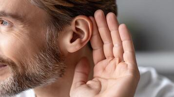A man with a beard and ear buds in his ear photo