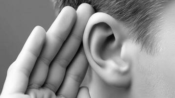 A person is holding their ear to their ear photo