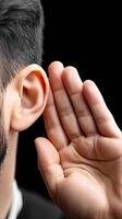 A man with a beard and suit is holding his ear photo