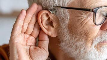 An older man with glasses and a beard is holding his ear photo
