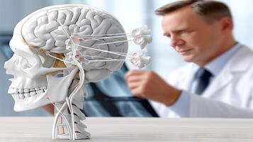 A doctor is looking at a model of a human skull photo