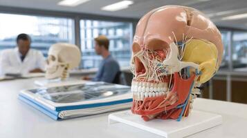 A model of a human skull with a person sitting in the background photo