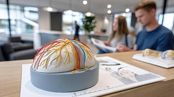 A man and woman sitting at a table with a model of a brain photo