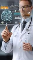 A doctor is pointing at a digital brain photo