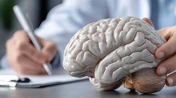 A doctor is holding a model of a human brain photo