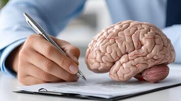 Brain and pen on paper photo